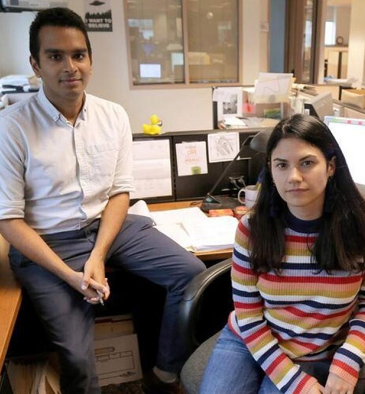 Neil Bedi and Kat McGrory in their former newsroom at the Tampa Bay Times. 