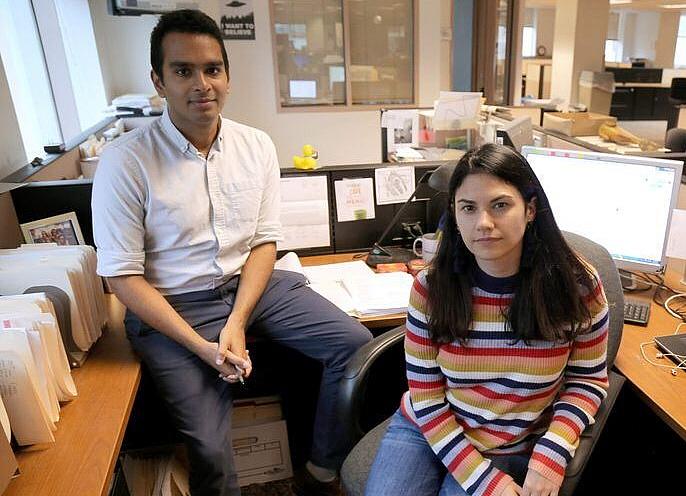 Neil Bedi and Kat McGrory in their former newsroom at the Tampa Bay Times. 