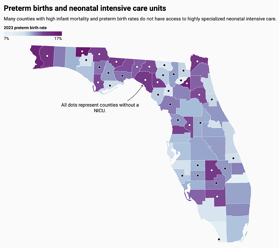 Map of Florida showing counties with neonatal care units