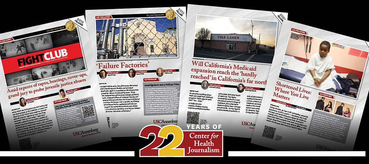 Collage of four award-winning Center for Health Journalism investigation covers celebrating 22 years of impactful reporting.