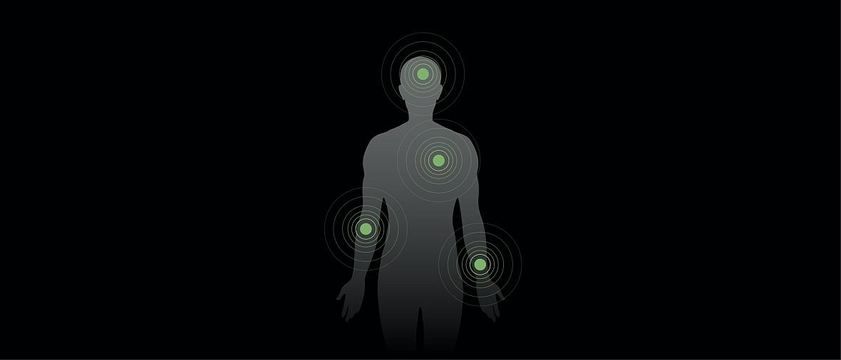 Illustration of human body with green points at head, heart, wrist, and elbow