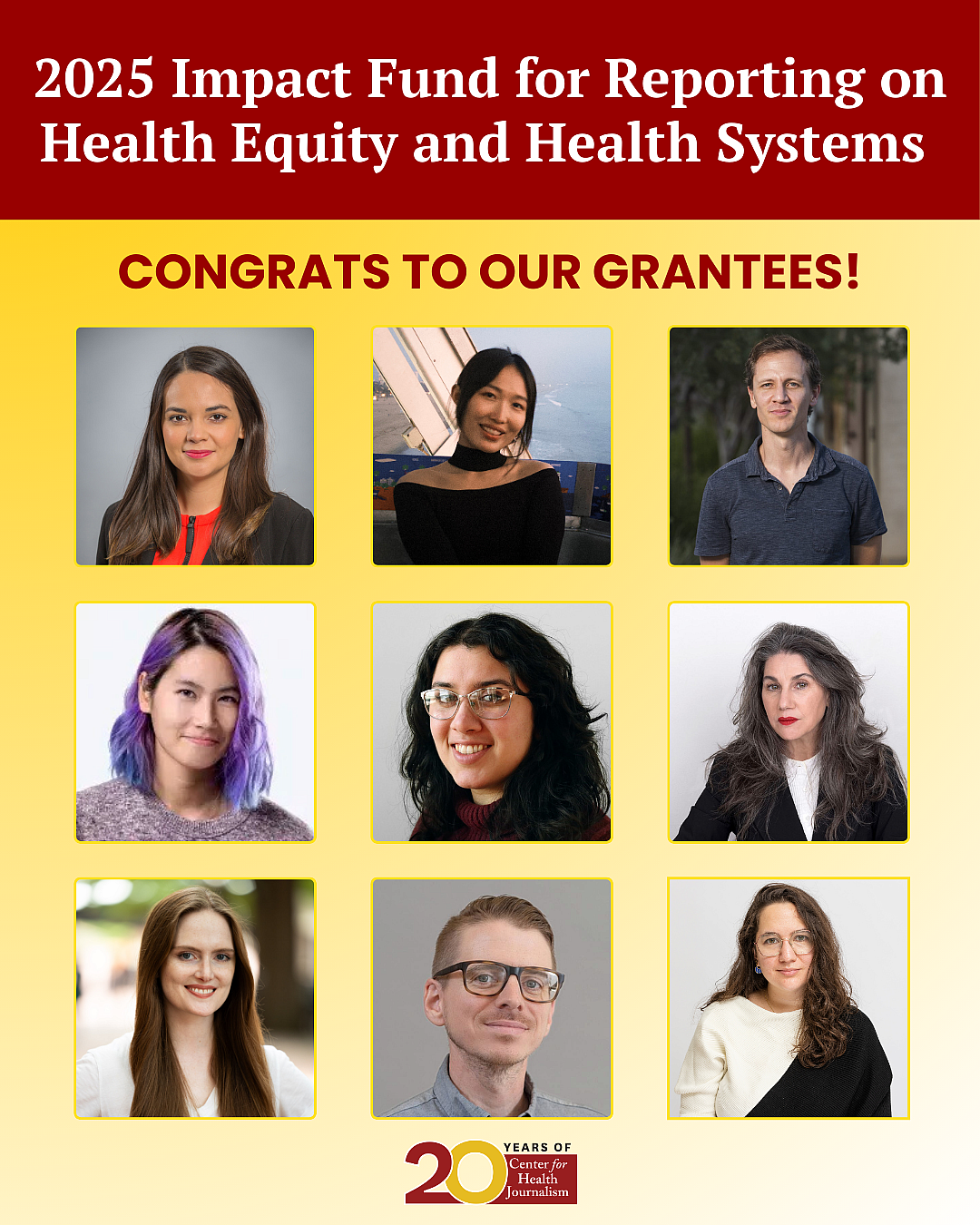 Nine grantees taking part in the 2025 Impact Fund for Reporting on Health Equity and Health Systems.
