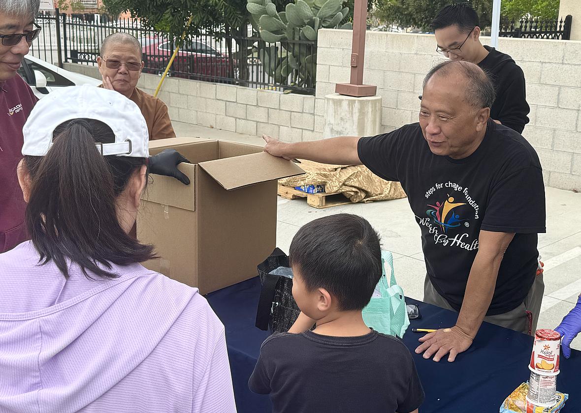 three people talking