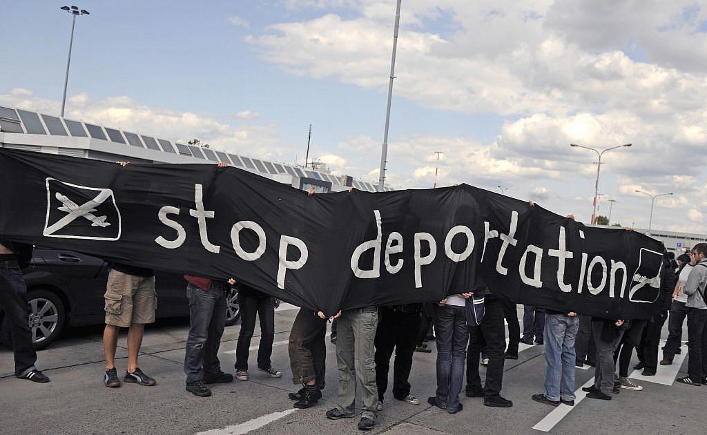 People with banner