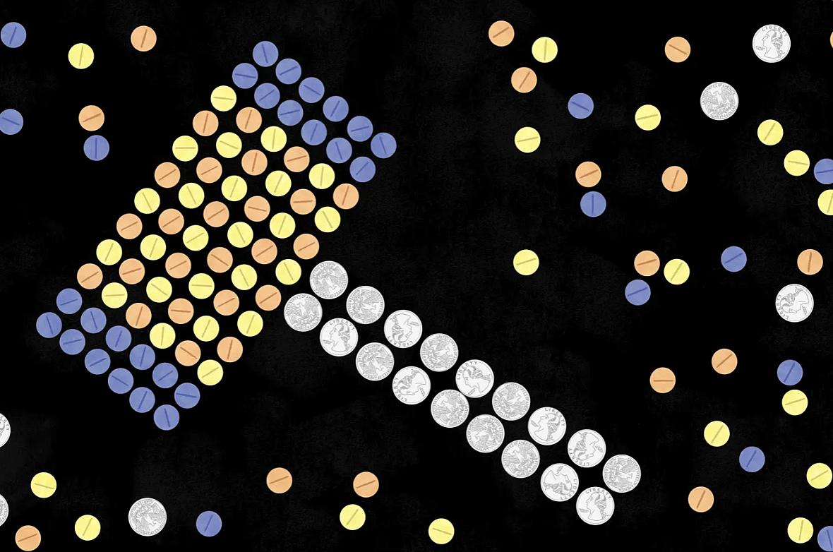 Graphic of a hammer made out of pills and coins