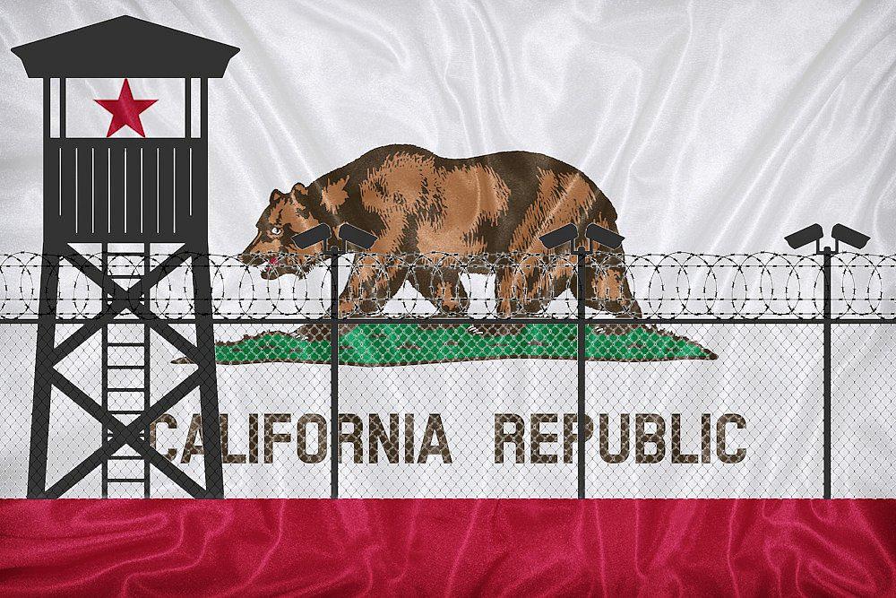 Graphic showing California flag behind the prison fence