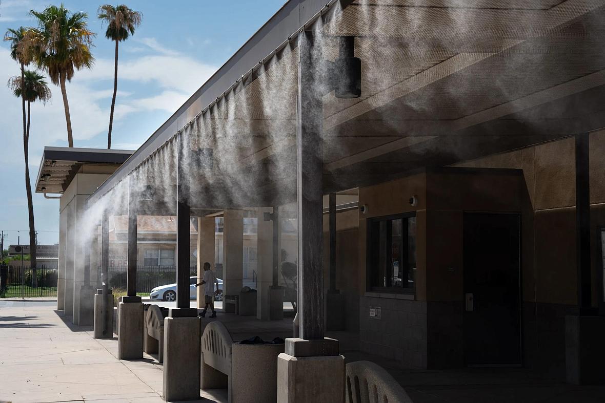 water mist at a bus station