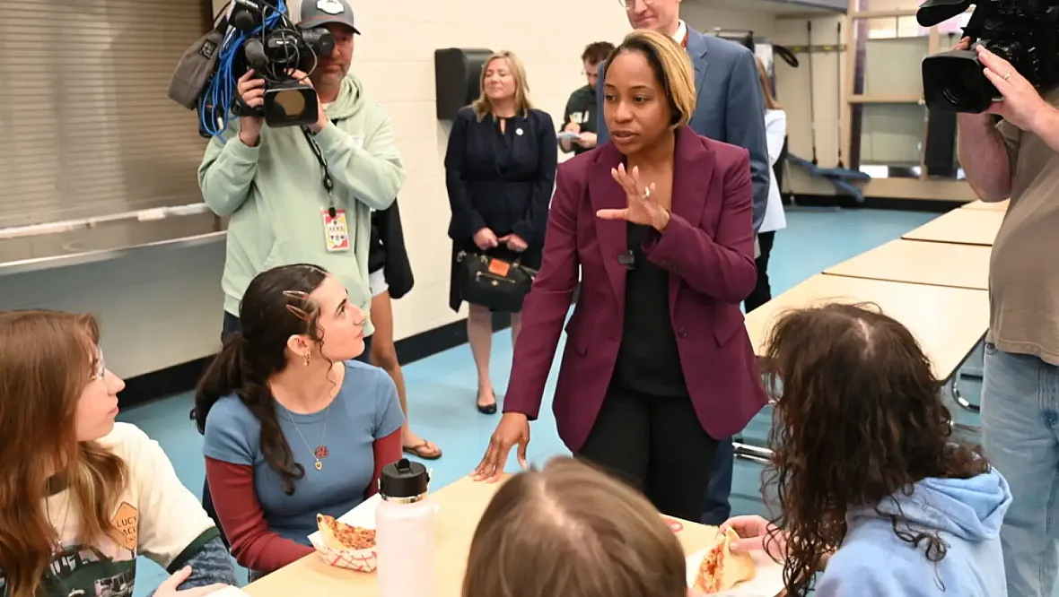 Attorney General Andrea Joy Campbell talks with Ipswich High School students