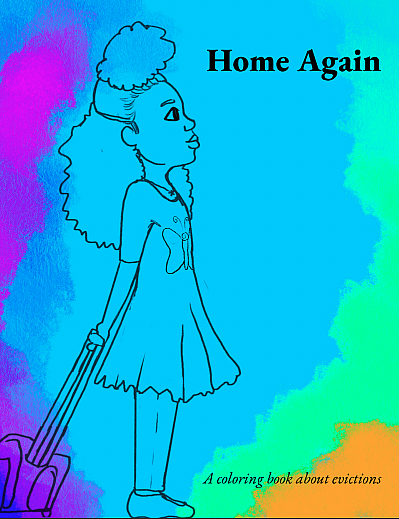 Front page of coloring book in which a girl is standing with luggage