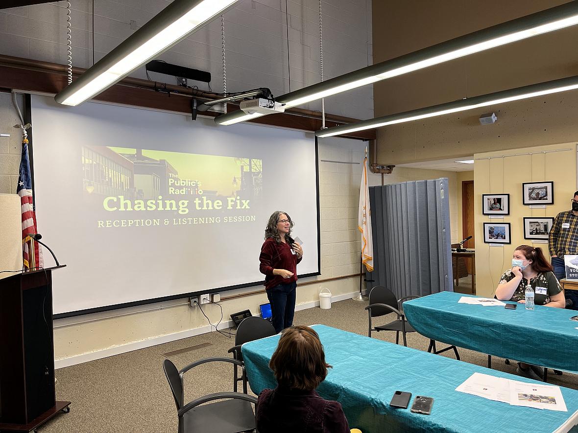 Reporter speaking at a public library