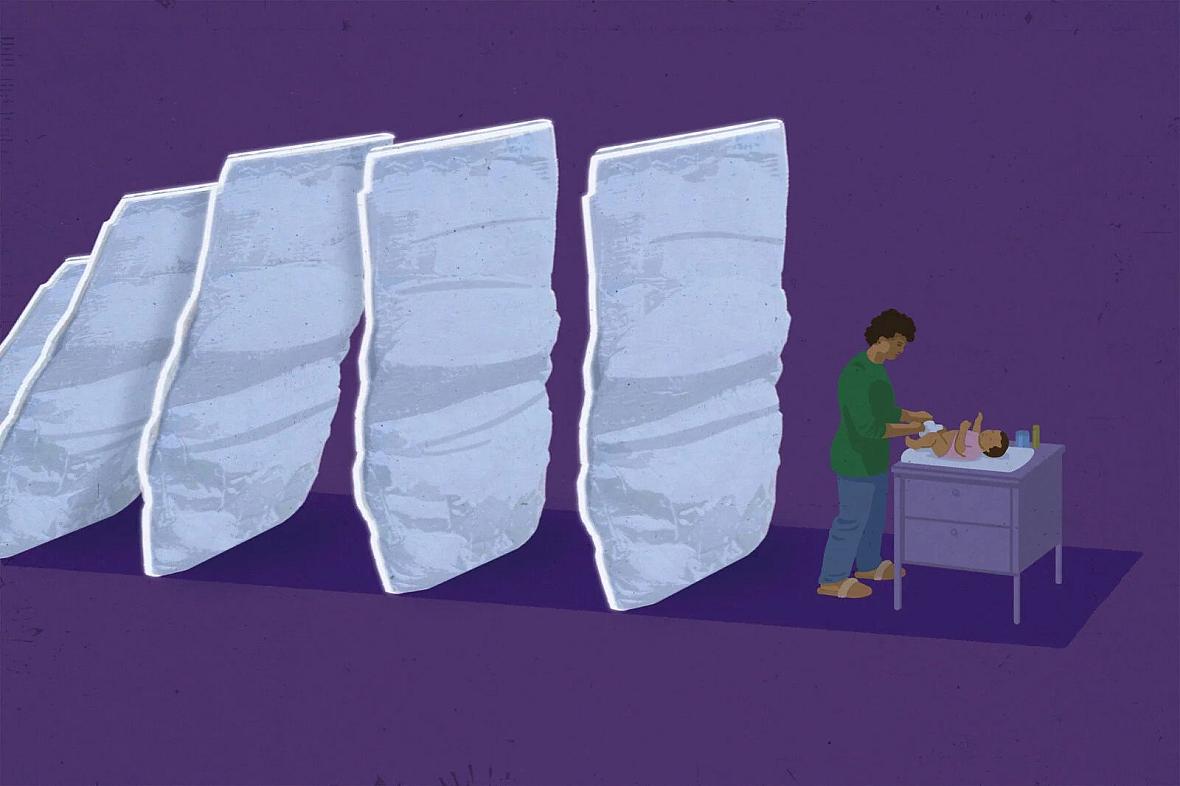 Illustration showing a person changing baby's diaper and huge diapers behind the person falling in domino effect