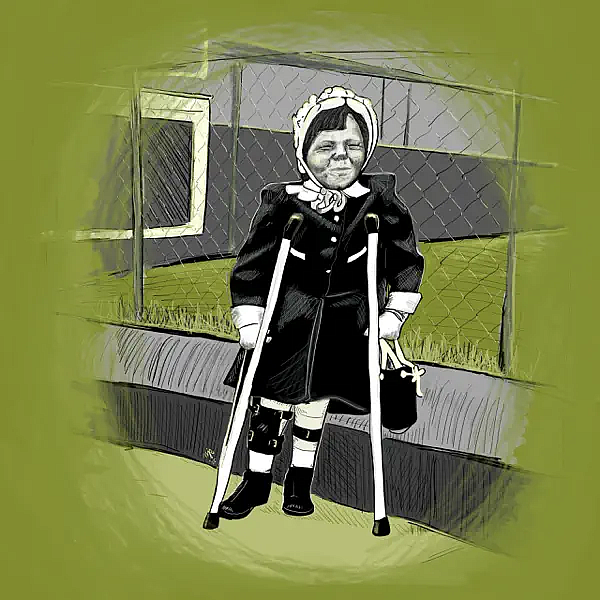 A person wearing a headscarf, dark coat, and medical leg braces stands on crutches in front of a wire fence and a grassy area, holding a small handbag