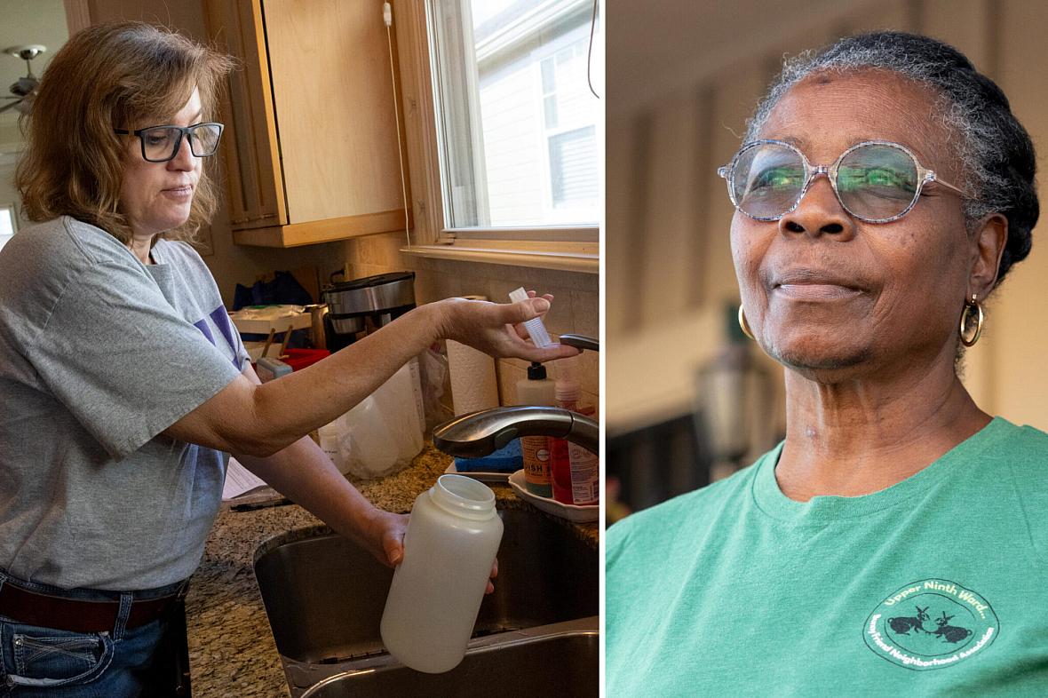 Two people, left filling water, right, a candid picture