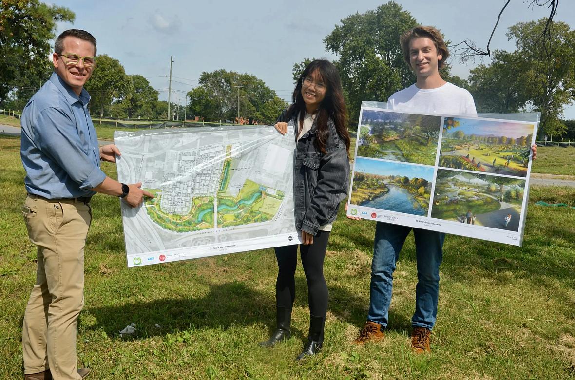 3 people holding maps and images
