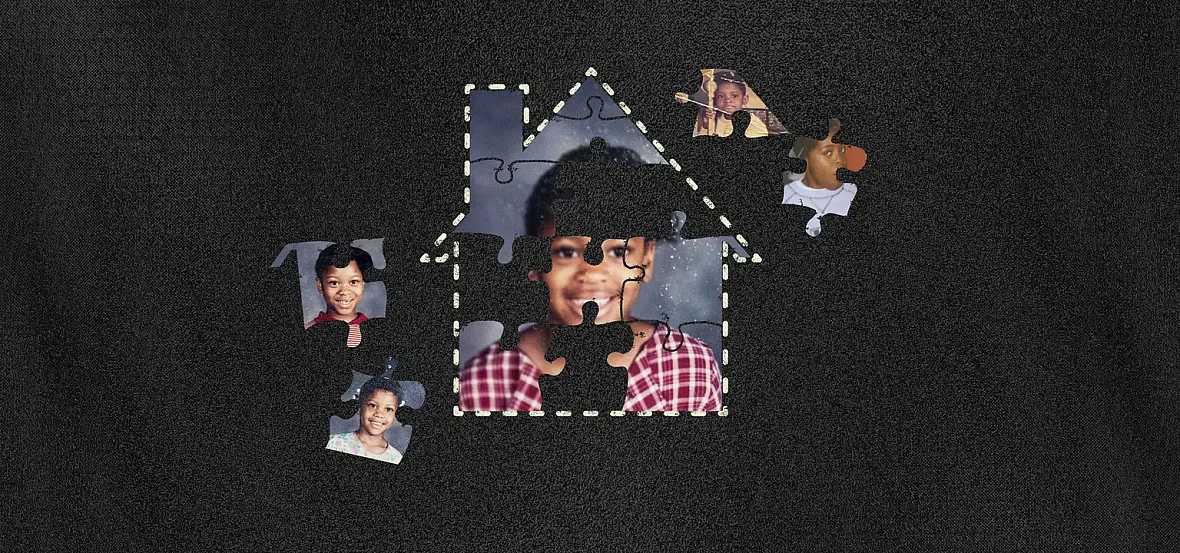A child’s school portrait photo is assembled like a jigsaw puzzle within the outline of a house. Several puzzle pieces are missing or scattered, showing different childhood photos, suggesting separation or fragmentation.