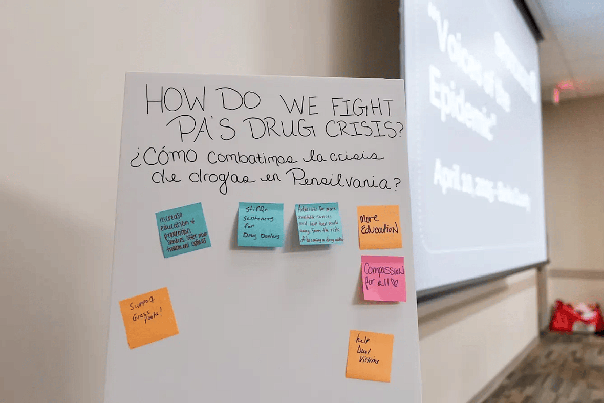 Board with multiple stickies with text written on them with a projector screen in the background