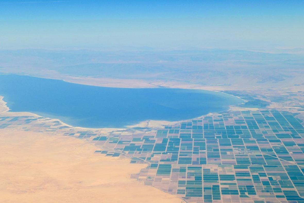 Aerial view of Salton Sea's Imperial County, California with farmlands