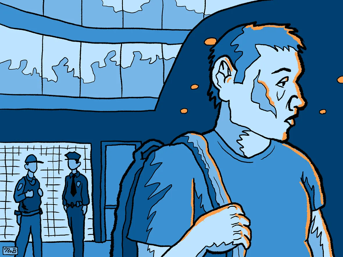 An illustration of a person with a bag with people behind them