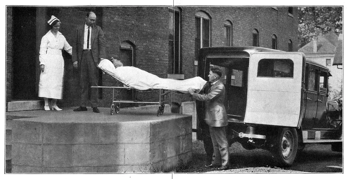An ambulance delivers a patient to the Burge emergency department in this undated historical photo.