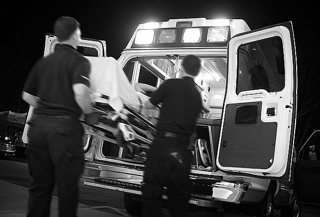 American Medical Response emergency medical technicians arrive at Santa Barbara Cottage Hospital with little time to spare for v