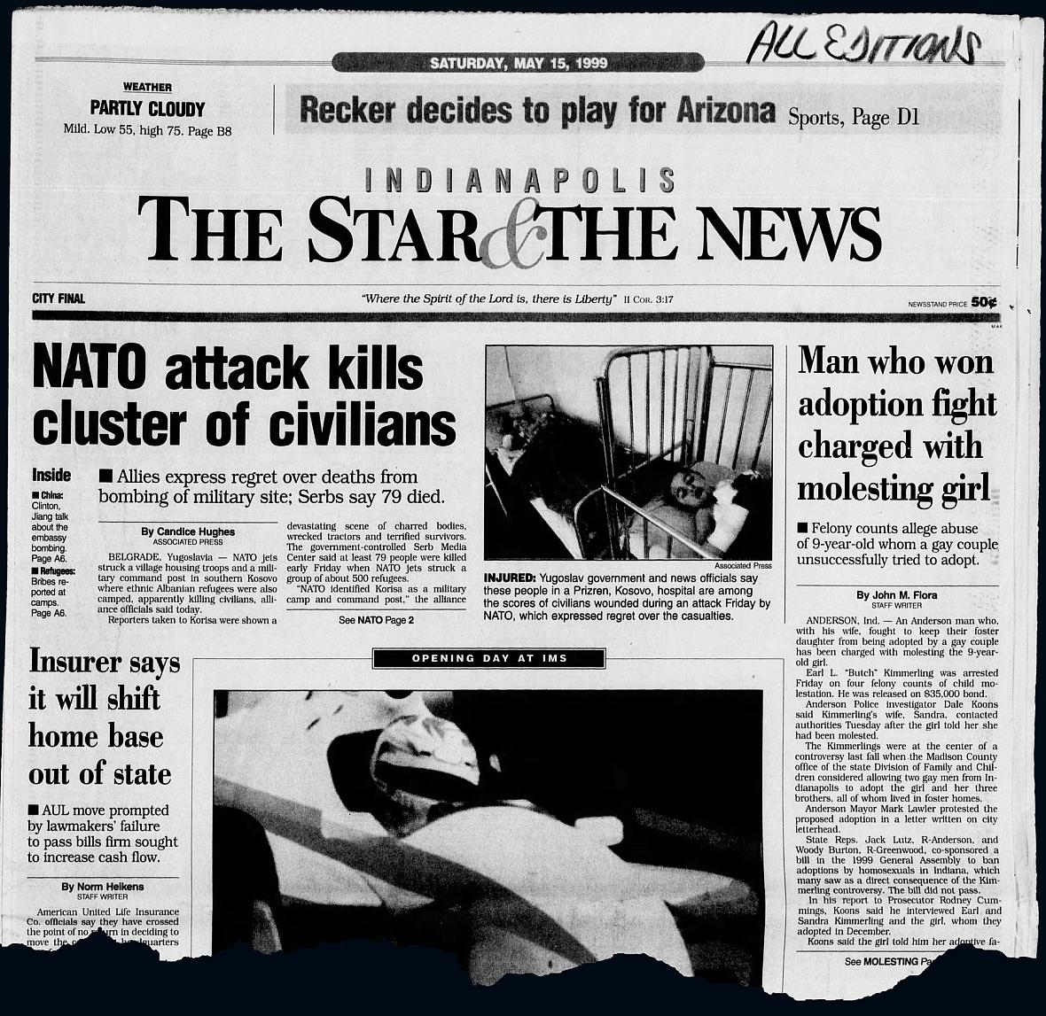 The May 15, 1999, edition of The (Indianapolis) Star & the News made public the child molestation charges. The May 15, 1999, edition of The (Indianapolis) Star & the News made public the child molestation charges.