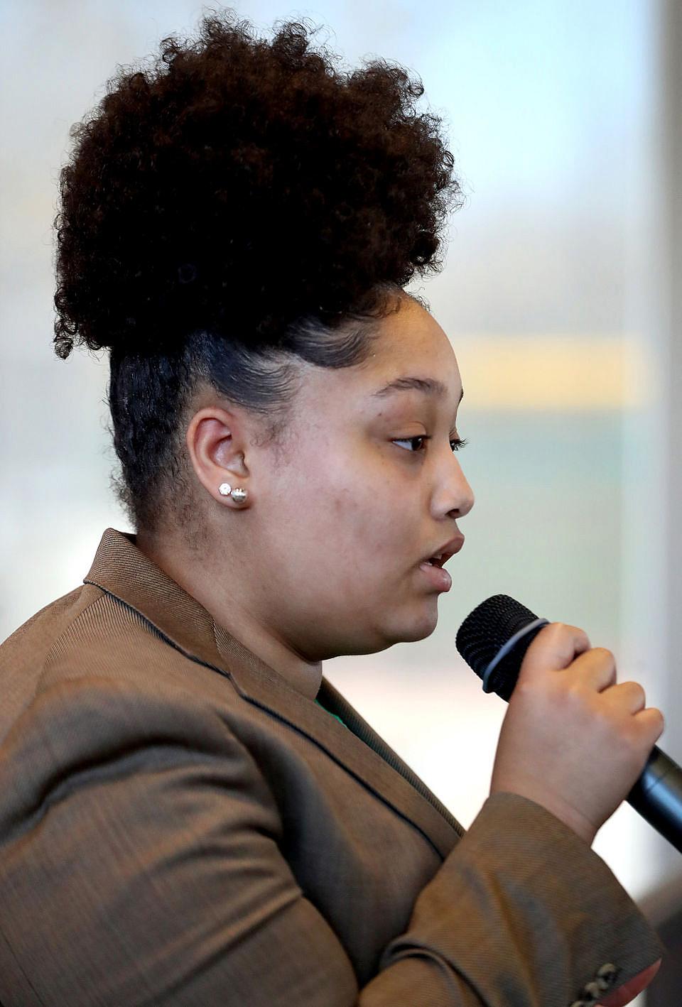 Corrin Cooper, 16, speaks to various leaders in the community at League Park in Cleveland, OH, Monday, April 30, 2018. Cooper is