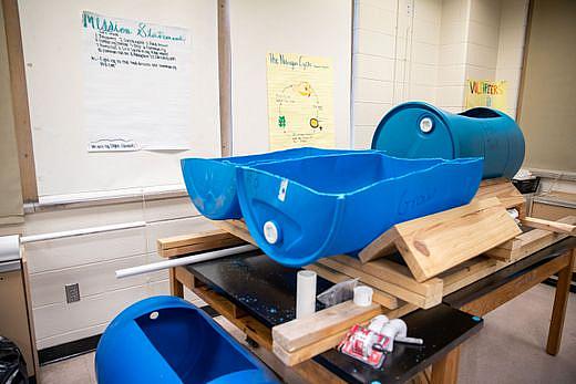 A larger aquaponics system is under construction in the back of the Western Middle classroom using donated barrels. Jan. 17, 201