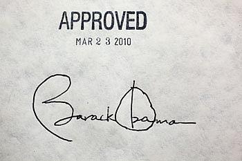 President Barack Obama's signature on the health insurance reform bill at the White House, March 23, 2010. (Official White House Photo by Chuck Kennedy)