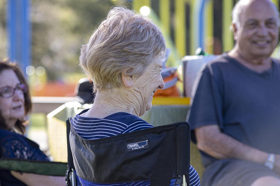 A group of seniors hangs out at Heather Farm Park in Walnut Creek, Calif., on Feb. 10, 2022.