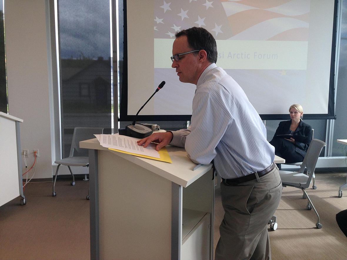 Village Safe Water facilities program manager Bill Griffith is one of the steering committee members for the Alaska Water and Sewer Challenge. He's shown here giving a presentation on the status of water and sewer systems in Alaska. Joaqlin Estus KNBA