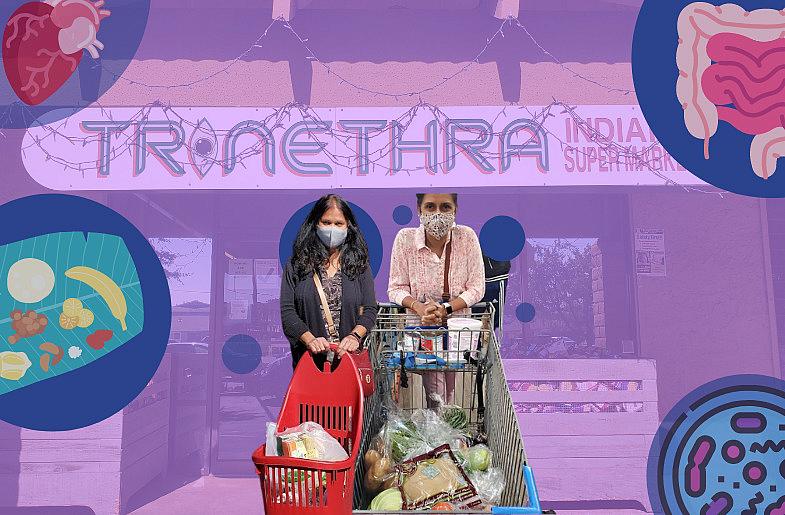 Left to right: San Jose resident Rita Kumar with her groceries at Trinethra on Pearl Avenue; and Vinu Thyagrajan with her grocer