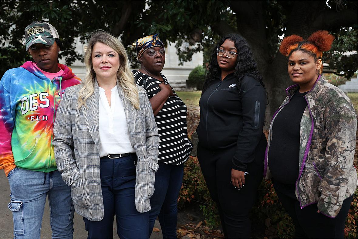 Bratika Green, Jordan Hughes, Debra Peterson, Jessica Griffin and Kanesha Head stand outside the Leflore County Courthouse in Greenwood, Miss., on Oct. 25, 2022, waiting for a hearing on the conditions at Sunset Village. An independent inspector will sign off on the safety of gas utilities at the Sunset Village Apartments in Cleveland, Miss., where all of them live except for attorney Hughes. Bratika Green, Jordan Hughes, Debra Peterson, Jessica Griffin and Kanesha Head stand outside the Leflore County Courthouse in Gr