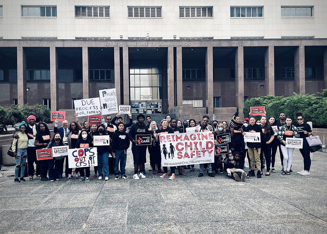 Reimagine Child Safety Coalition members outside the Kenneth Hahn Hall of Administration, May 17, 2022.