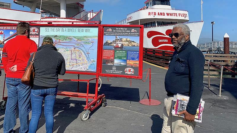 John Templeton, widely known as the authority on San Francisco black history, prepares to board a Red and White Fleet boat in Fe