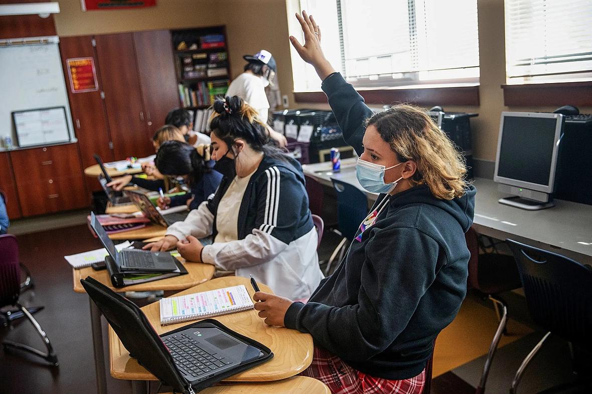 Sophomore Layla Flett raises her hand to ask about an assignment during class at Lake Roosevelt Jr./Sr High School. Flett was gi