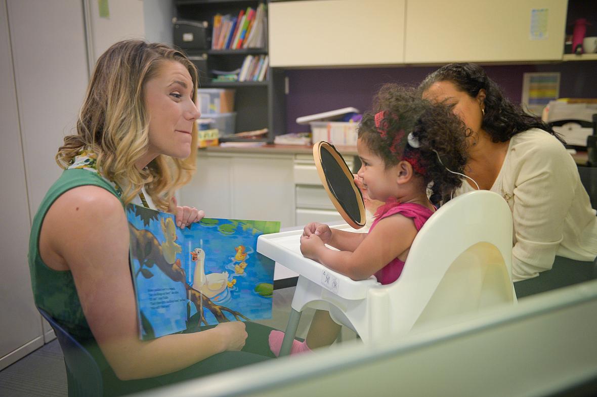 Angelina Anastasio, 2, works with speech therapist Kristen Garcia as her mother, Melanie Anastasio, looks on at the Central Florida Speech & Hearing Center in Lakeland, Fla. STAFF PHOTO/RACHEL S. O'HARA