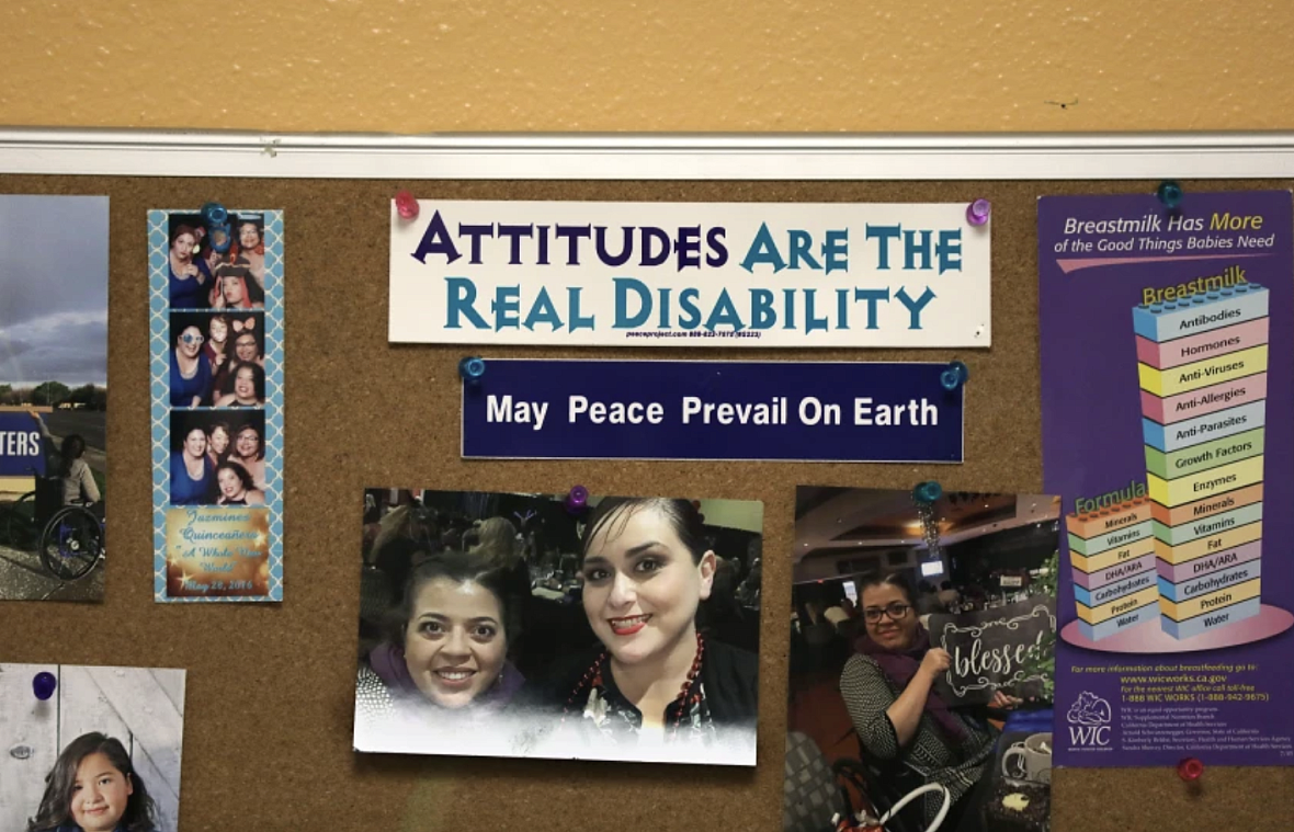 A bulletin board inside Dr. Marie Flores’ office at an AltaMed clinic in Pico Rivera features the words “Attitudes are the Real 