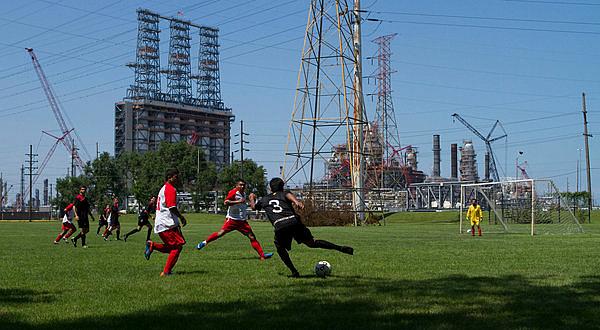 The tar sands facility being built at the BP Refinery in Whiting, Ind., formed the backdrop to a soccer game last month.