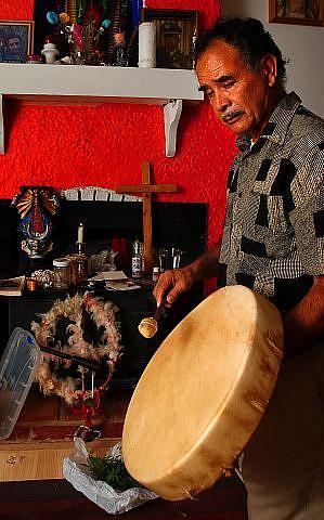 Jorge Ruiz Chacón uses a drum when treating people with mental health issues. Chacón, a natural healer, blends traditional metho