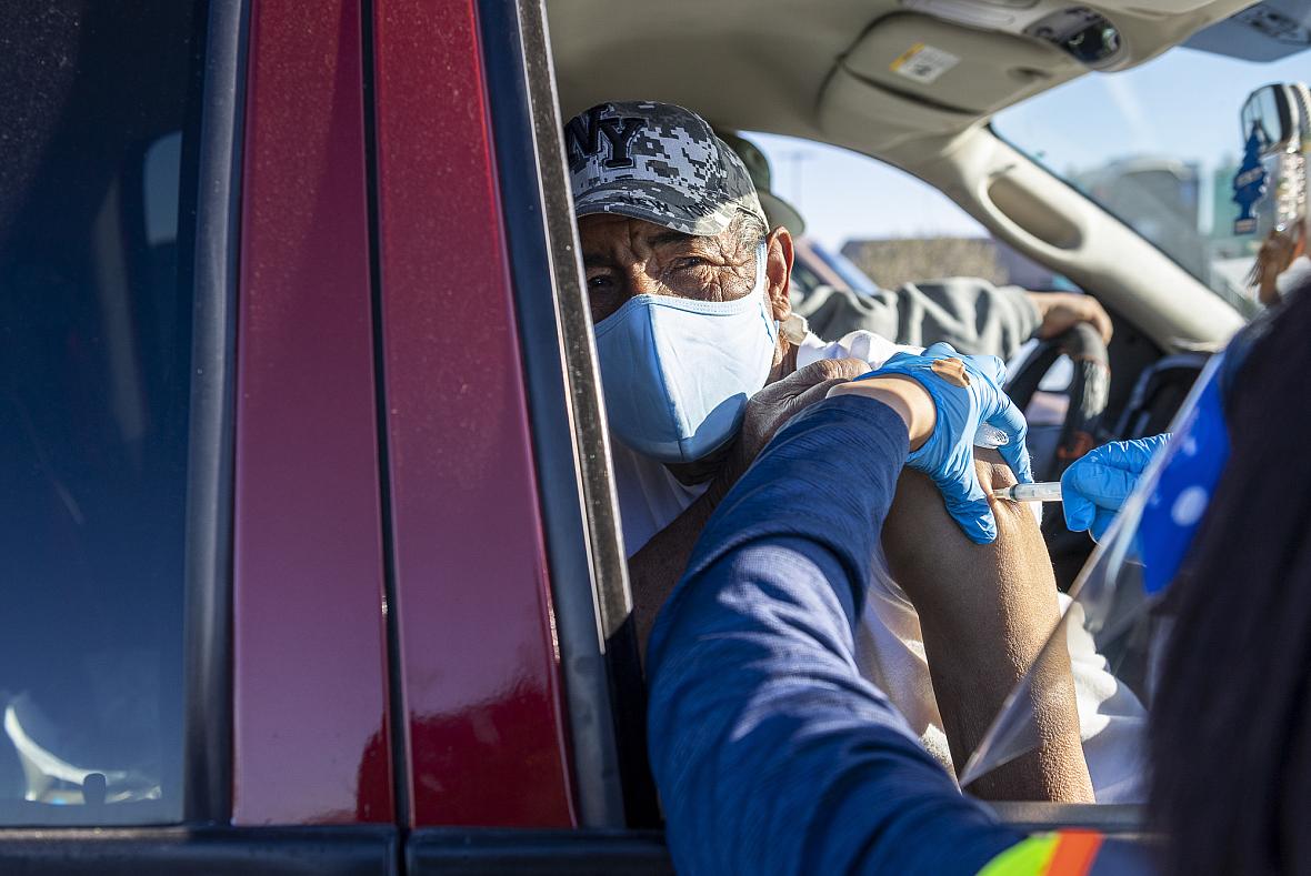 Rodolfo Reyes receives a dose of the Moderna COVID-19 vaccine during a distribution clinic specifically for farmworkers.