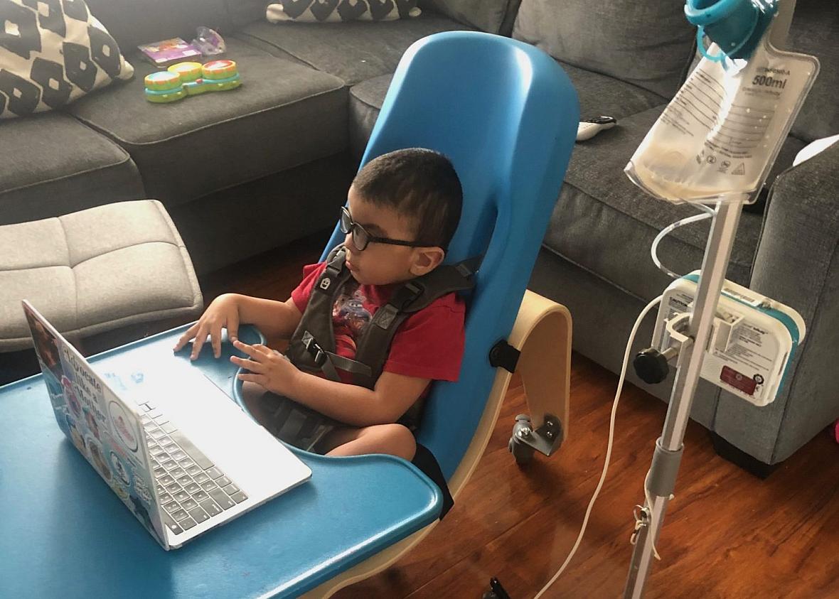 Gavin Alcala, 3, of Los Angeles participates in an online class through his day care, Centro de Niños