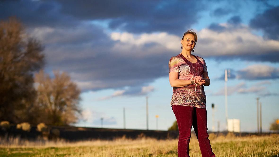 Alicia Hume, 42, outside her home in Metolius in central Oregon.