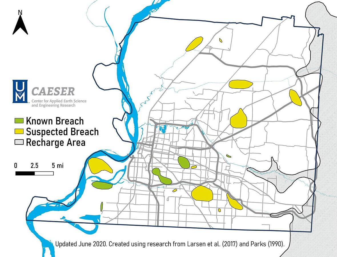 Known and suspected breaches in the Upper Claiborne Confining. Unit, identified by the Center for Applied Earth Science and Engineering Research of the University of Memphis. In the recharge area to the east, the confining clay layer terminates, leaving the Memphis Sand aquifer in direct contact with shallow groundwater. The deep drinking water aquifer, the Memphis Sand also interacts with shallow water at breaches, where the clay is thin or non-existent. Known breaches have been corroborated both in models and real-world geological investigations. Suspected breaches have been identified using modeling and are yet to be physically validated Known and suspected breaches in the Upper Claiborne Confining. Unit, identified by the Center for Applied Earth Science and Engi