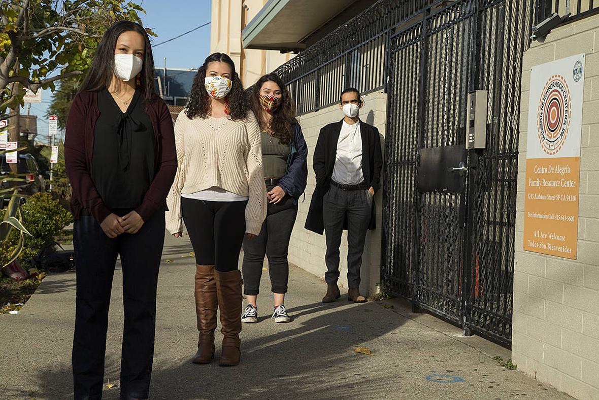 Maria G. Contreras, Andrea Guevara-Castro, Johana Fuentes and Edgar Castellanos, all organizers with the UCSF student-run Cliníca Martín-Baró in the Mission District, have helped enroll community members in Healthy SF and seen firsthand the barriers to access Maria G. Contreras, Andrea Guevara-Castro, Johana Fuentes and Edgar Castellanos