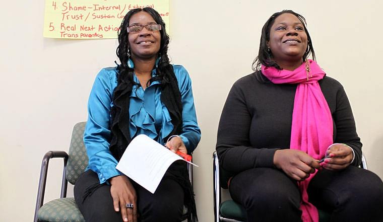 Daniel Sangjib Min/TIMES-DISPATCH Brenda Kenney (left) and Chimere Miles are members of the Engaging Richmond team. Kenney lives in Whitcomb Court and recruited women to participate in focus groups on East End needs.