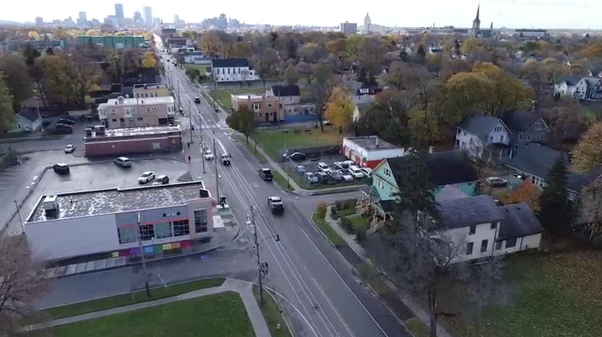 Drone footage of Joseph Avenue at Berlin Street shows a lack of trees and canopy in this part of Rochester