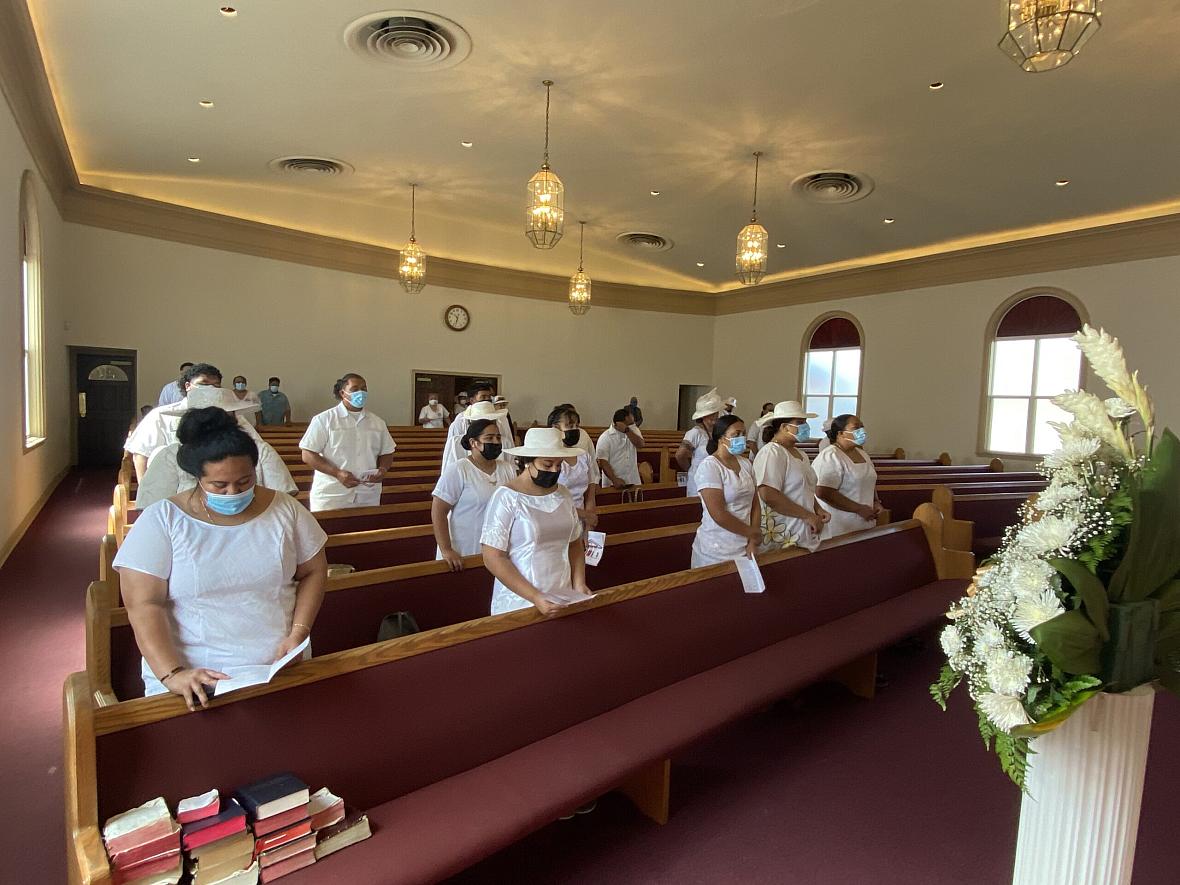 Members of the Fourth Samoan Congregational Christian Church of Long Beach worship on Sept. 5, 2021.