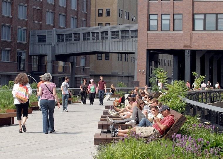 New York City's High Line Park, a green space built on an old elevated train track. New York City's High Line Park, a green space built on an old elevated train track.