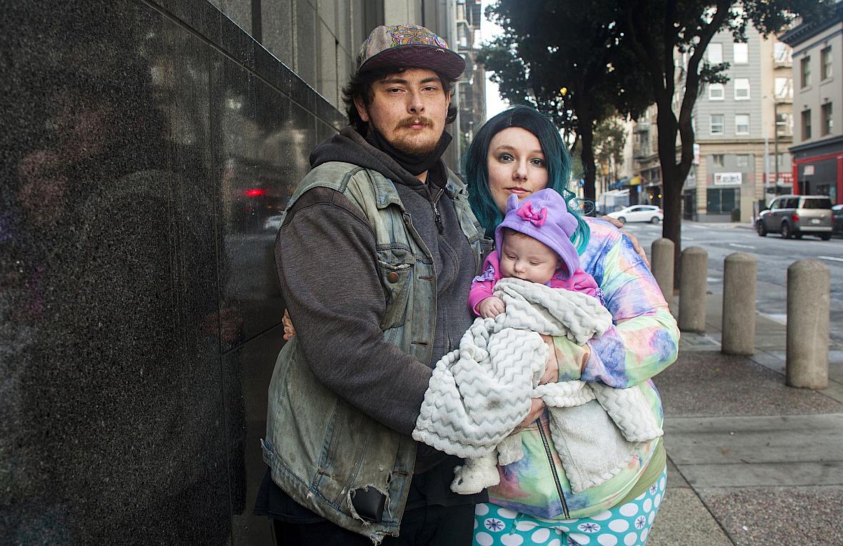 Nathan Caine, Cimber Sims, and their baby Nova are living in a shelter in the Tenderloin and received approval for permanent city-sponsored housing months ago. They are still waiting to move, while nearly 10 percent of the city’s supportive housing units remain vacant. Nathan Caine, Cimber Sims, and their baby Nova are living in a shelter in the Tenderloin and received approval for permanent cit