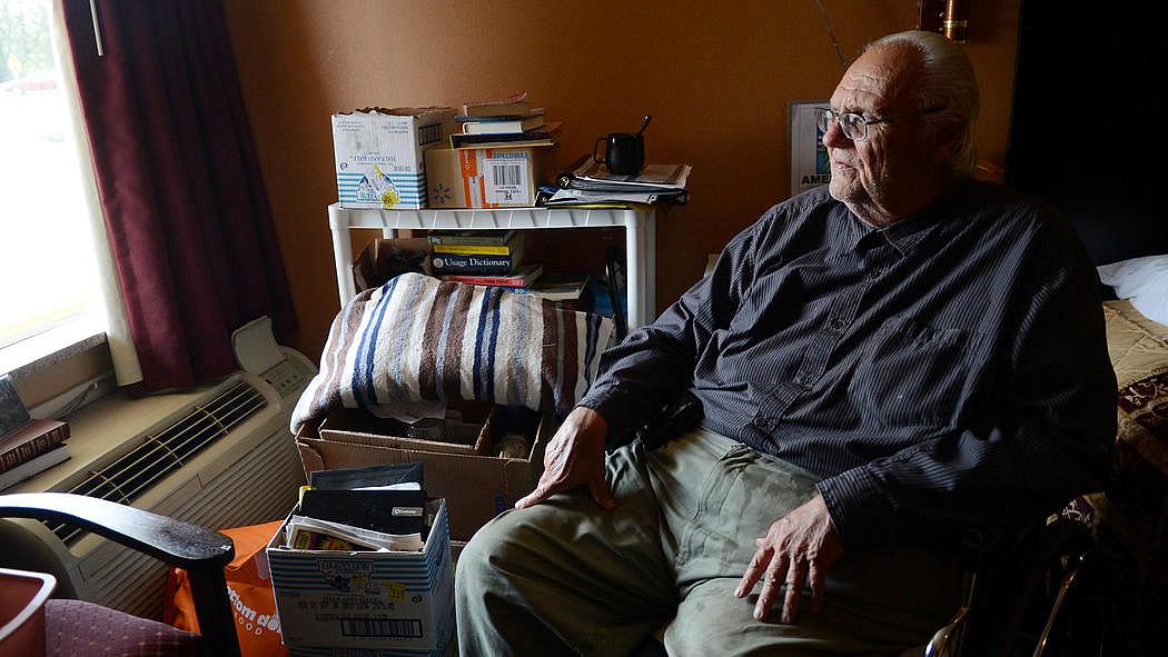 Alvin Bolster who is a "super utilizer" of the healthcare system sits in his wheelchair inside his room at the Scottish Inn on Catasauqua Road in Hanover Township, Lehigh County. He has congestive heart failure and has been in and out of hospitals and hospice.